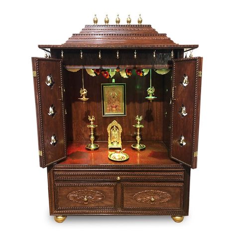 48" Custom Pooja Mandir- Open Design M #2 - Buy Pooja Mandir, Altar, Jhula, Temple Chariots Pooja Mandiram With Doors, Pooja Unit In Oven Cabinet, Antique Knobs, Mandir Design, Metallic Gold Paint, Temple Design For Home, Oak Plywood, Pooja Mandir, Pooja Room Door Design