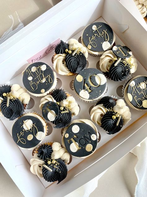 Men Cupcakes Ideas, 40th Bday Cupcakes, Black And Gold Cupcakes For Men, 40 Birthday Cupcakes, 40th Birthday Cupcakes For Men, Black Gold And White Cake, 40th Cupcakes, 30th Cupcakes, Birthday Cupcakes Ideas For Men