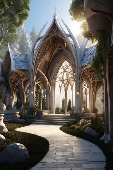 Eldritch Architecture, Lindon Elves, Asgard Palace, Lord Of The Rings Architecture, Rivendell Architecture, Lotr Architecture, Elven Buildings, High Elf Aesthetic, Elvish Architecture