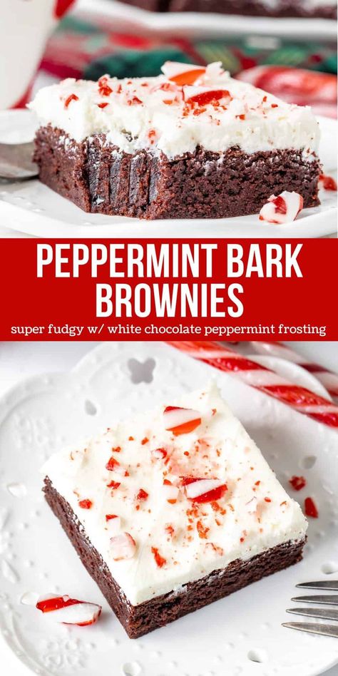 If you love peppermint bark - then you need to try these peppermint bark brownies. They have everything you love about the classic Christmas treat in fudgy brownie form. It's a rich and fudgy chocolate brownie topped with white chocolate peppermint frosting and topped with candy canes! #peppermintbark #brownies #candycanes #whitechocolate #christmas #holidays #recipe from Just So Tasty Peppermint Fudge Brownies, Christmas Decorated Brownies, Christmas Themed Brownies, Christmas Baking Squares, Simple Christmas Desserts, Christmas Cookies And Treats, Christmas Holiday Treats, Peppermint Bark Brownies, Bake Sell