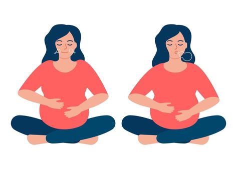 Pregnant woman is doing respiratory breathing exercise, deep exhale and inhale. Breathing exercise. Healthy yoga and relaxation, keep calm. Vector illustration Healthy Yoga, Yoga Illustration, Breathing Exercises, Pregnant Woman, Respiratory, Funny Clips, Pregnant Women, Keep Calm, Vector Art