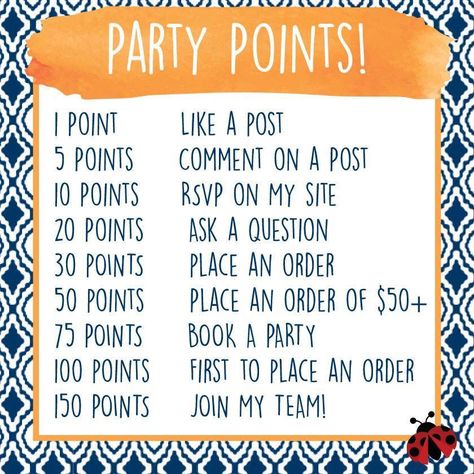 Party points                                                                                                                                                                                 More Tupperware Party Ideas, Facebook Party Games, Scentsy Games, Online Party Games, Norwex Party, Party Points, Mystery Hostess, Facebook Games, Pampered Chef Party