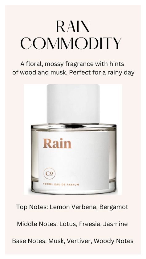 Rain perfume (created hy@perfumerygirl on tiktok) Commodity Rain Perfume, Perfume That Smells Like Rain, How To Smell Like Rain, Rain Perfume, Essential Oil Perfumes Recipes, Clean Perfume, Perfume Recipes, Essential Oil Blends Recipes, Perfume Collection Fragrance