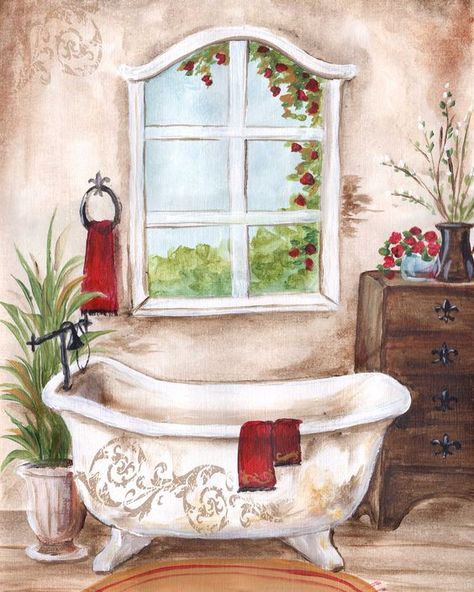 Bathtub Vintage, Vasos Vintage, Idee Cricut, Red Mirror, Bath Art, Decoupage Vintage, Art Licensing, Painting Bathroom, Bathroom Art