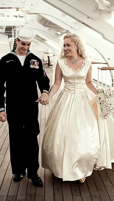 A Vintage Sailor Wedding: Ben & Shelby Navy Sailor Wedding, Sailor Wedding, Military Weddings, Sailor Theme, Blonde Bride, Vintage Style Wedding Dresses, Yacht Wedding, Navy Chief, Vintage Sailor