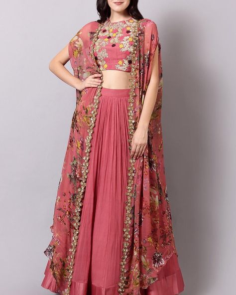 A lush floral print and embellished florets make this lehenga a must-have in your trousseau wardrobe! 💕 Shop online at RidhiMehra.com now |… Shrug Designs Long Party Wear, Shrug With Lehenga, Crop Top Lehenga With Shrug, Shrug Lehenga, Lehenga With Shrug, Indowestern Lehenga, Sabyasachi Lehenga, Georgette Lehenga, Lehnga Dress