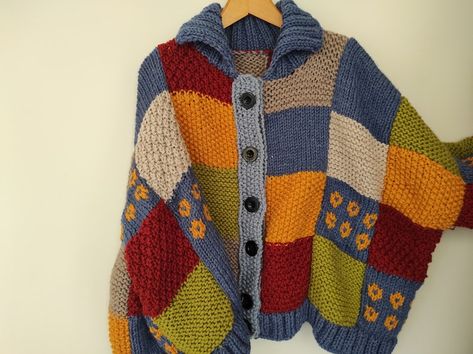 Harry Styles Inspired Cardigan Bomber Jacket Oversized - Etsy Custom Clothes Ideas, Plus Size Crochet Cardigan, Knit Patchwork Sweater, Colorful Cardigan, Patchwork Knit, Patchwork Cardigan, Autumn Clothing, Sweater Chunky, Unique Gifts For Him