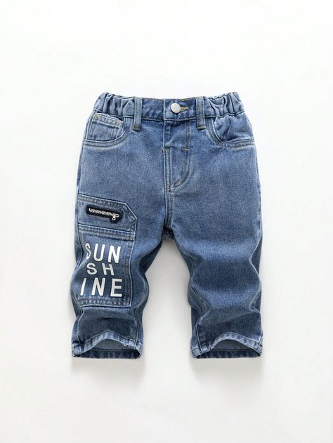 Medium Washed Blue Printed Loose Fit Denim Shorts For Young Boy Medium Wash    Denim Letter,Plain Straight Leg Non-Stretch  Young Boys Clothing, size features are:Bust: ,Length: ,Sleeve Length: Loose Fit Denim, Printed Sleeveless Top, Elegant Dresses Long, Women Midi, Boys Jeans, Boys Clothing, Dungarees, Womens Midi Dresses, Boys T Shirts