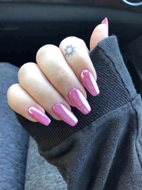 hot pink chrome acrylic nails Acrylic Nails Chrome, Blue Chrome Nails, Pink Chrome Nails, Chrome Nail Art, Chrome Nails Designs, Hot Pink Nails, Pink Chrome, Her Nails, Cute Gel Nails