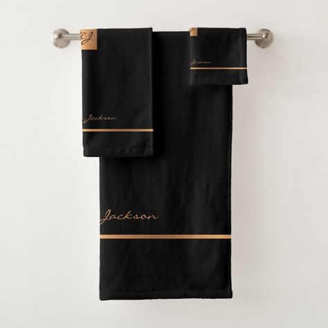 Modern elegant black gold chic monogrammed stripes bath towel set  Zazzle Black And Gold Small Bathroom, Black Towels Bathroom, Black And Gold Bathroom, Striped Bath Towels, Gold Chic, Black Bath, Birthday Personalized, Apartment Essentials, Custom Towel