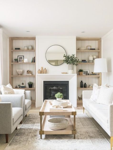 Built In Shelves Living Room, Narrow Living Room, Style Salon, Fireplace Built Ins, Neutral Living Room, Home Fireplace, Living Room Remodel, Family Room Design, Livingroom Layout