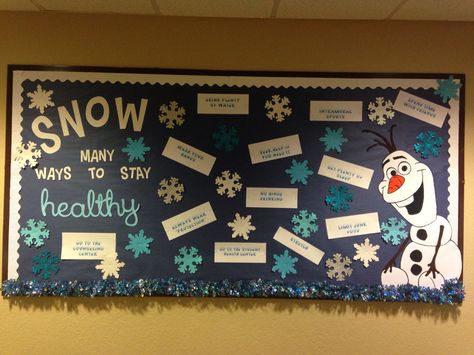 Winter Bulletin Boards College, December Bulletin Boards College, Winter Ra Boards, Nurse Christmas Door, Cafeteria Bulletin Boards, Physical Education Bulletin Boards, Pe Bulletin Boards, Hr Office, School Bulletin Board Ideas