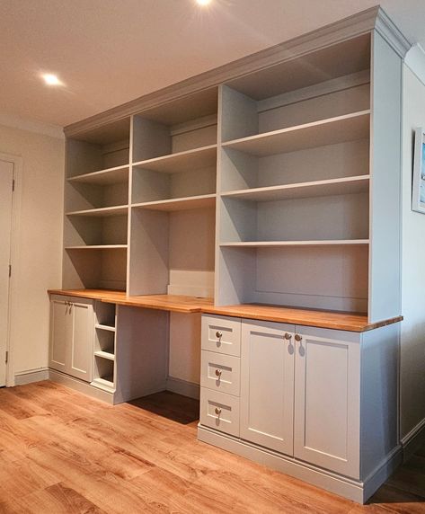 Fitted Desk And Shelves, Built In Office Desk And Cabinets, Bookcase With Cabinet, Alcove Desk, Shelf Over Door, Living Room Cupboards, Desk Wall Unit, Alcove Storage, Fitted Bedroom Furniture