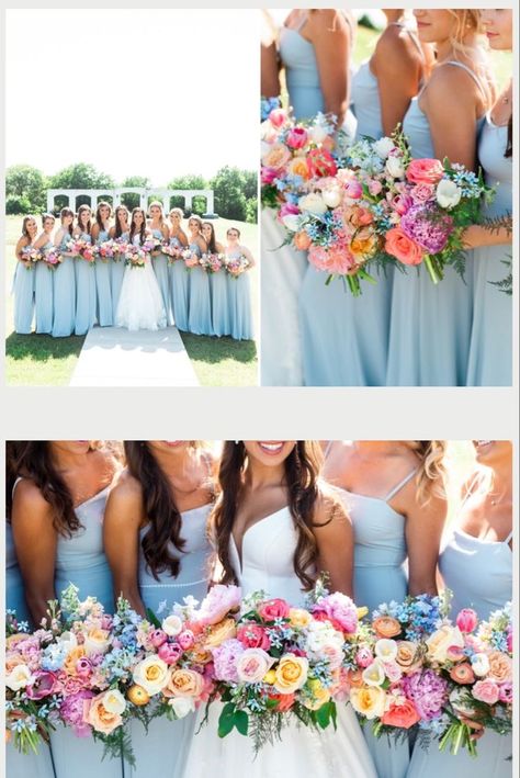 Pinks And Blue Wedding, Cute Summer Wedding Ideas, Multicolor Spring Wedding, Wildflower Wedding Theme Bridesmaid Dresses, Bright Pastel Wedding Bouquet, Spring Colored Wedding Flowers, Wedding Themes Bright, Nontraditional Bouquet Wedding, Spring Early Summer Wedding