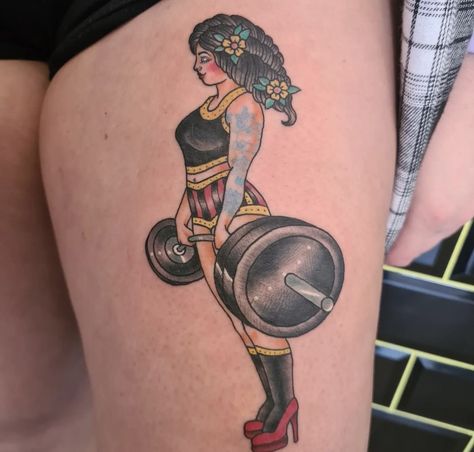 Strongman Tattoo, Traditional Barbell Tattoo, Gym Tattoo Ideas For Women, Traditional Tattoo Weight Lifter, Barbell Tattoo, Gym Tattoo Ideas For Woman, Weight Lifter Tattoo, Crossfit Tattoo, Weightlifting Tattoos For Women