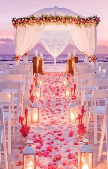 Pink And Purple Beach Wedding, Pink And Blue Beach Wedding, Romantic Beach Wedding Dress Simple, Red Beach Wedding, Wedding Decorations Romantic, Pink Beach Wedding, Beach Wedding Pink, Simple Beach Wedding, Oceanfront Wedding