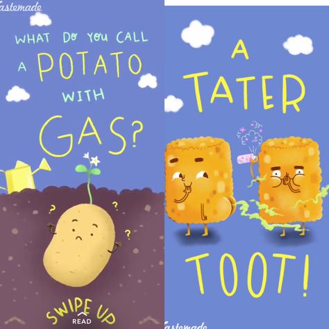 Potato joke Potato Jokes Funny, Potato Jokes, Kid Friendly Jokes, Notes For Kids Lunches, Funny Corny Jokes, Kids Jokes, Lunchbox Jokes, Punny Jokes, Lunch Notes