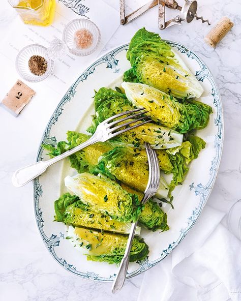 Little gems with tarragon and hazelnut dressing | delicious. magazine Hazelnut Dressing, Tarragon Recipes, Lettuce Recipes, Recipes Veg, French Recipe, Recipes Salads, Sunday Dinners, Steak Frites, French Recipes