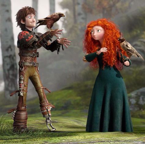 Hawk training Hiccup Fanart, Modern Merida, Merida And Hiccup, Frozen And Tangled, Disney Ships, Disney Brave, Big Six, Disney Couples, The Big Four