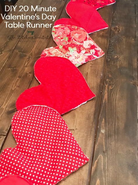 DIY Valentine's Day Table Runner | The Stitching Scientist Valentines Day Table Runner, Rainbow Dash Costume, Valentines Day Table, Peasant Dresses, Happy Stitch, Valentine Table Runner, Diy Valentines Day, Valentine Table, Fabric Hearts