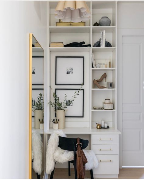 Something like this inbetween my windows in my closet with a nice vanity mirror Built In Makeup Vanity In Bedroom, Closet With Vanity Built In, Organizer Closet Ideas, Closet Wallpaper Ideas, Organizing Ideas Closet, Shoe Organizer Closet, Closet With Vanity, Wallpaper Closet, Closet Shoe Organizer