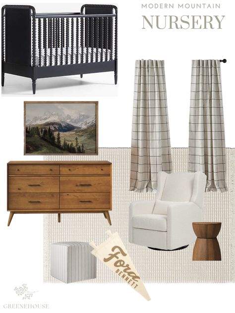 Mcgee Nursery Wallpaper, Polo Inspired Nursery, Vintage White Crib Nursery Ideas, Non Traditional Nursery Ideas, Grey And Tan Nursery, Modern Mountain Nursery, Studio Mcgee Nursery Ideas, Boy Nursery With Black Crib, Earthy Boy Nursery