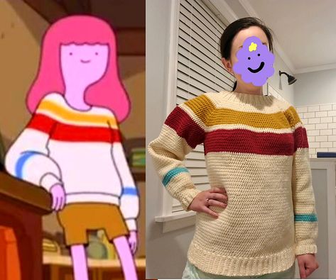 marceline/princess bubble gum sweater Princess Bubblegum Sweater Crochet, Marceline Sweater Pattern, Crochet Adventure Time Sweater, Marceline Jumper, Crochet Marceline Sweater, Marceline Sweater Crochet, Mabel Sweater Crochet, Princess Bubblegum Sweater, Marceline Sweater