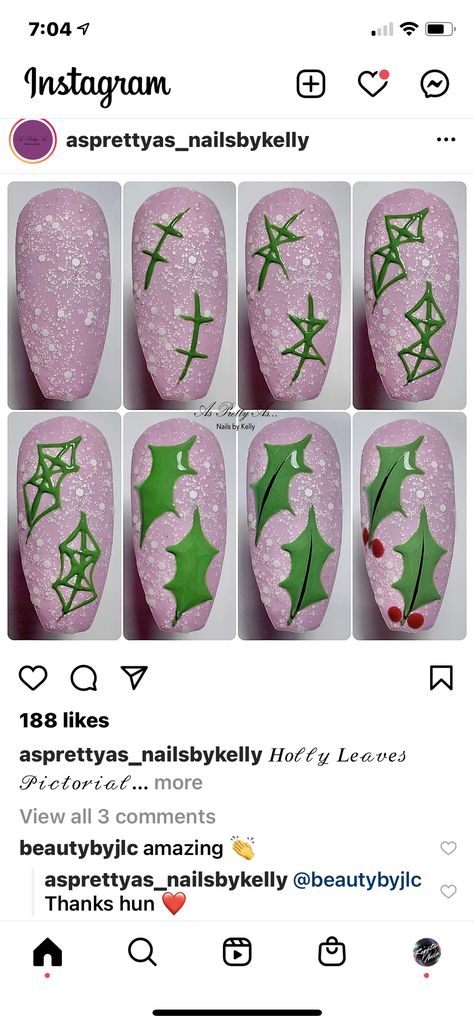 Holly Leaf Nails, Christmas Nail Tutorial Step By Step, Christmas Wreath Nails, Wreath Nail Art, Holly Nail Art, Nail Steps, Holly Nails, Poinsettia Leaves, Christmas Nails Diy