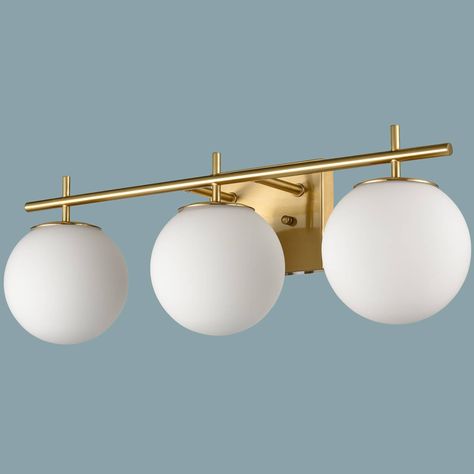 3-light brass wall sconces combination of manual blown white glass shade,Offering a sleek sphere silhouette.Perfectly for any modern space. Modern Bathroom Light Fixtures, Modern Bathroom Vanity Lighting, Vanity Wall Light, Bathroom Plan, Modern Bathroom Lighting, Black Vanity Light, Light Fixtures Bathroom Vanity, Vanity Light Fixtures, Bathroom Light Fixtures