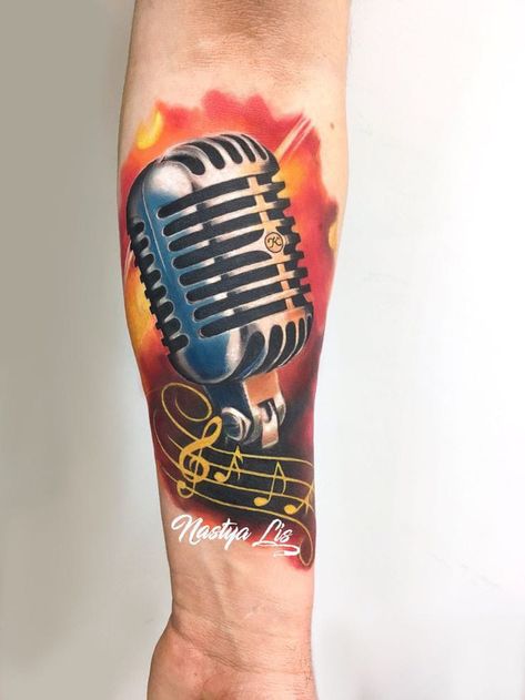 Microphone Tattoo Ideas, Music Tattoos Men, Watercolor Tattoo Music, Mic Tattoo, Aj Tattoo, Microphone Tattoo, Clock Tattoos, Beauty And The Beast Tattoo, Music Tattoo Sleeves