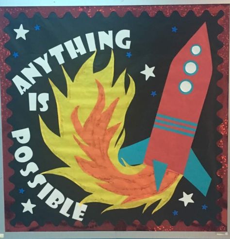 Rocket Ship Bulletin Board, School Space Theme, Paper Rocket Ship, Assistant Principal Office, Space Bulletin Boards, Paper Rocket, Paper Rockets, Astronaut Birthday, Library Boards