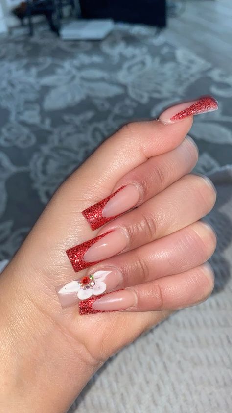 Nail Idea Red Red French Tip Nails With 3d Flowers, Acrylic Red French Tip, Hawaiian Flower Nails, Nails With Red, Red French Tip, Pink Flower Nails, 3d Flower Nails, Red French, Flower Nail Designs