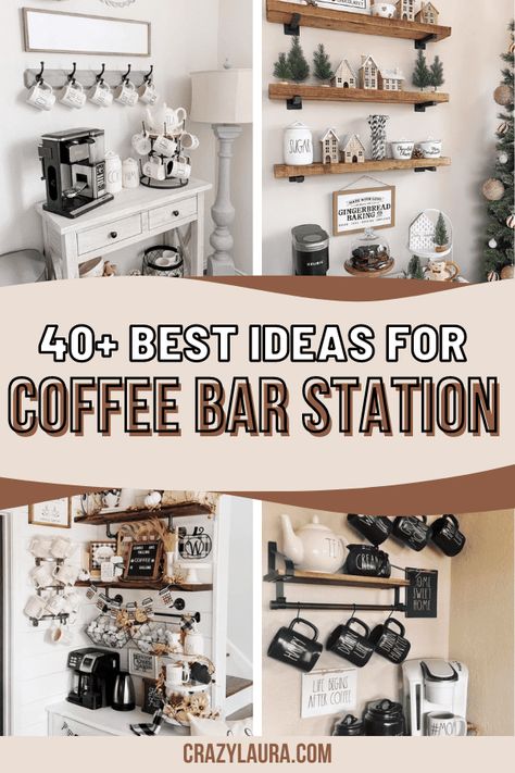 It doesn't matter if you're going for a farmhouse, modern or rae dunn inspired look, these coffee bar ideas and station designs will give you inspiration! #coffeebar #diy Coffee Bar Wall Shelf Ideas, Floating Shelf Coffee Bar Ideas, Coffee Bar Ideas Hanging Cups, Coffee Bar Ideas With Shelves, Coffee Station Wall Ideas, Wall Decor Above Coffee Bar, Floating Shelf Coffee Station, Coffee Bar Collage Wall, Coffee Bar Ideas For Counter Top