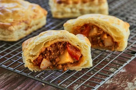 Chorizo Hand Pies (With Potato and Red Pepper) | Bigger Bolder Baking Hand Held Snacks, Hand Pies Savory, Chorizo And Potato, Hand Pie Recipes, Chorizo Recipes, Bigger Bolder Baking, Baking Cookbooks, Easy Puff Pastry, Spanish Dishes