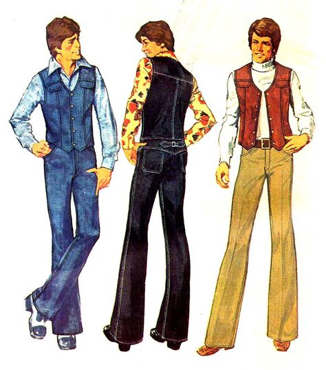 Early 70s Fashion, 70s Men Fashion, 60s Mens Fashion, Disco Jeans, Mens Sewing, 70s Fashion Men, 70s Fashion Disco, Vest Sewing, Fitted Vest