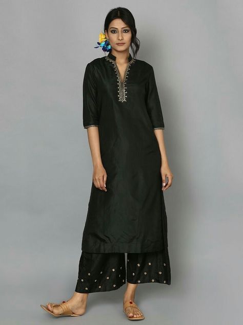 Black Kurtis, Lenin Dress, Black Silk Kurta, Indian Inspired Fashion, Indian Formal Wear, Plain Kurta, Dress Kurti, Black Kurta, Churidar Designs