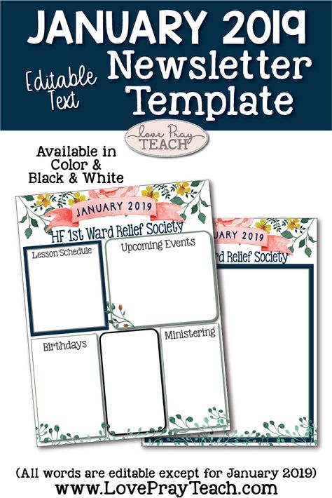 January 2019 Editable Newsletter Template. Perfect for Relief Society, Ward Bulletin, Young Women, and more! www.LovePrayTeach.com Free Newsletter Template, Rs Newsletter Template Free Printables, Relief Society Newsletter, Relief Society Agenda Templates, Yw Newsletter Template Free, Ministering Interviews Activity, Relief Society Newsletter Templates Free, Relief Society Lesson Helps, Newsletter Template Free