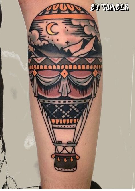 Scenery Tattoo, Hot Air Balloon Tattoo, Air Balloon Tattoo, Neo Tattoo, Balloon Tattoo, Traditional Tattoo Flowers, Traditional Tattoo Sleeve, Arm Sleeve Tattoos, American Traditional Tattoo