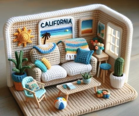 Crochet Diorama, Crochet Furniture, Doll Furniture Patterns, Beach Crochet, Quick Crochet Patterns, Crochet Dolls Free Patterns, Quick Crochet, Plastic Canvas Crafts, Canvas Crafts