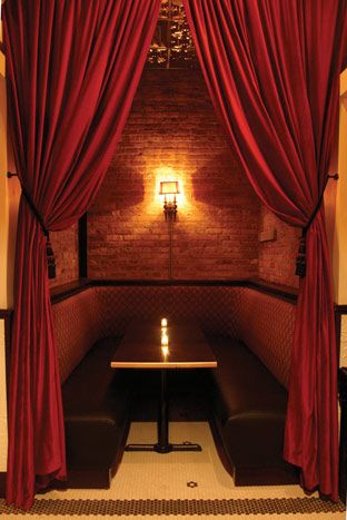 Red Velvet Drapes, Bathroom Renovations On A Budget, Renovations On A Budget, Shifting Hogwarts, Bar Lounge Design, Red Velvet Curtains, Speakeasy Decor, Lower East Side Nyc, Restaurant Booth