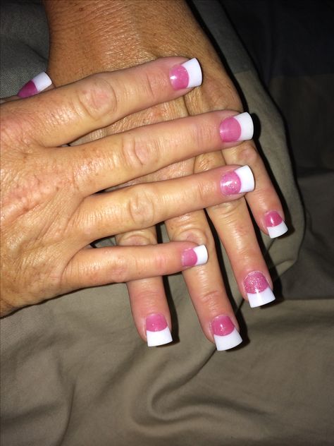 Pink and white with a little flare tip by me Dark Pink With White Tips Nails, Pink With White Tips Nails, Pink And White Nails French, White Tips Nails, White Nails French, Pink And White Nails, White Tip Nails, Tips Nails, White Tips