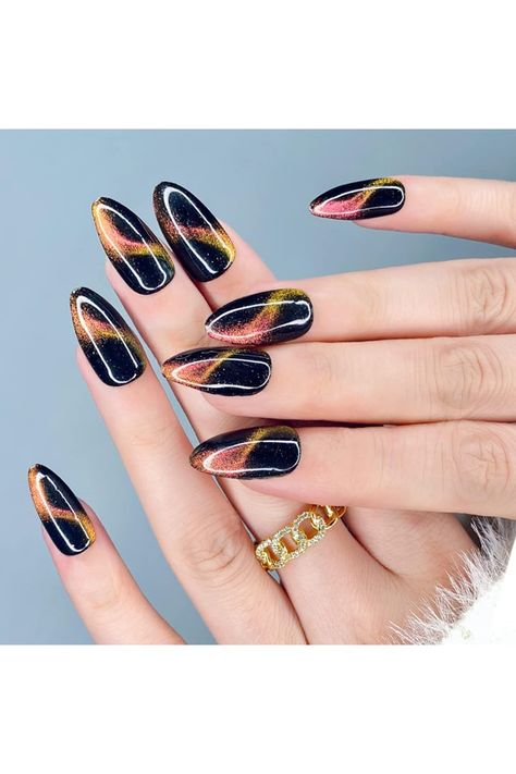 Fantasticlady Magnetic Glue On Nails,Stiletto Black &amp; Red,Press on Nails,Cat Eye Gel Nail Kit Full Cover Glossy for Women &amp; Girls 24pcs Nails Magnetic, Press On Nails Red, Nails Cat Eye, Red Press On Nails, Press On Nails Almond, Red Cat Eye, Nails Kit, Nails Stiletto, Gel Nail Kit