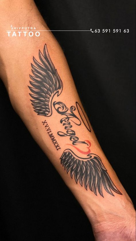 tattoo Tattoo Ideas Of Names, Angle Wing Tattoos Men Forearm, Name With Angel Wings Tattoo, Rip Name Tattoos, Angel Wings With Name Tattoo, Rip Sister Tattoos, Forarms Tattoo Designs, Grandma Tattoo For Men, Mens Roman Numeral Tattoo