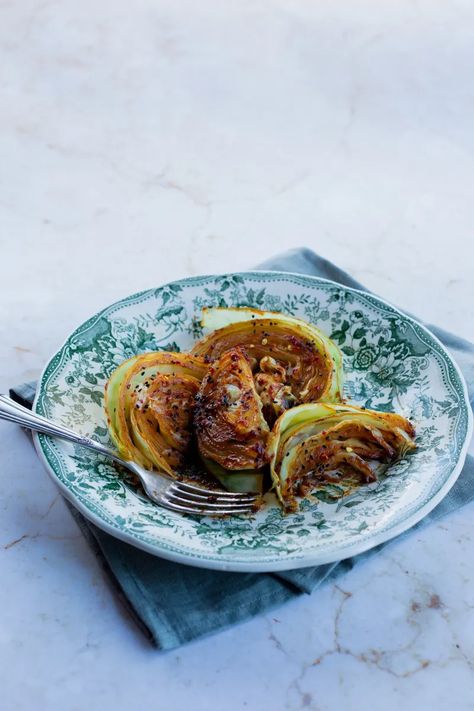 Seared Cabbage with Miso Butter - from a small kitchen Seared Cabbage, Miso Cabbage, Fritter Frying, Buttered Cabbage, Cabbage Steaks, Vegetarian Mains, Miso Butter, Cabbage And Bacon, Menu Ideas