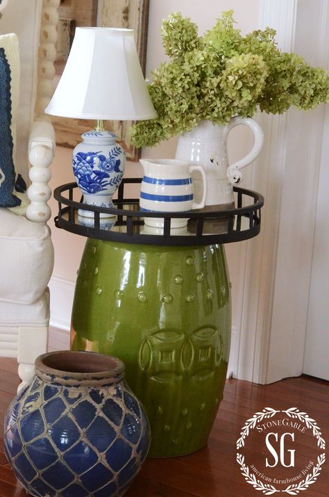 Layering Decor, Garden Stool Decor, Stool Decor, Decor Tips And Tricks, French Country Decorating Bedroom, Blue And Green Living Room, Big Comfy Chair, Diy Tips And Tricks, Small Living Room Chairs