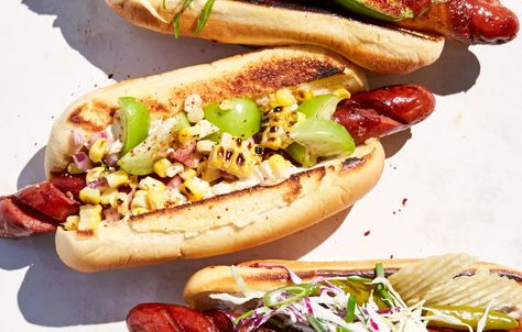 This corn salsa, along with mayonnaise and tomatillos, helps make up the Elote Dog. Hot Dog Photography Food Styling, Hot Dog Food Photography, Hot Dogs Photography, Unique Hot Dog Toppings, Hot Dog Photography, Unique Hot Dog Recipes, Unique Hot Dogs, Corn Salsa Recipe, Hot Dog Toppings