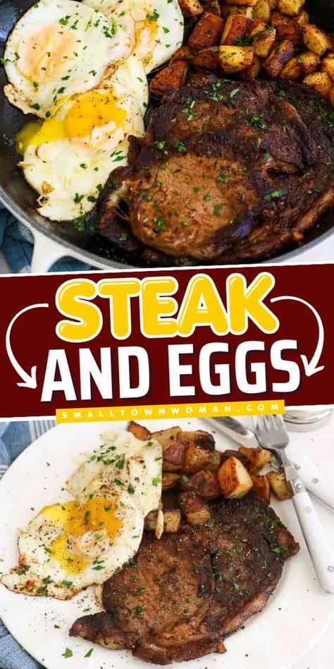 What your Sunday brunch needs! This steak and eggs recipe is the BEST. Everyone will love this easy breakfast food with pan-seared steak, pan-fried potatoes, and the perfect eggs! Steak And Eggs Breakfast, Easy Breakfast Food, Steak Breakfast, Cooking Steak, Eggs Dinner, Baked Steak, Pan Seared Steak, Beef Steak Recipes, Seasoned Potatoes