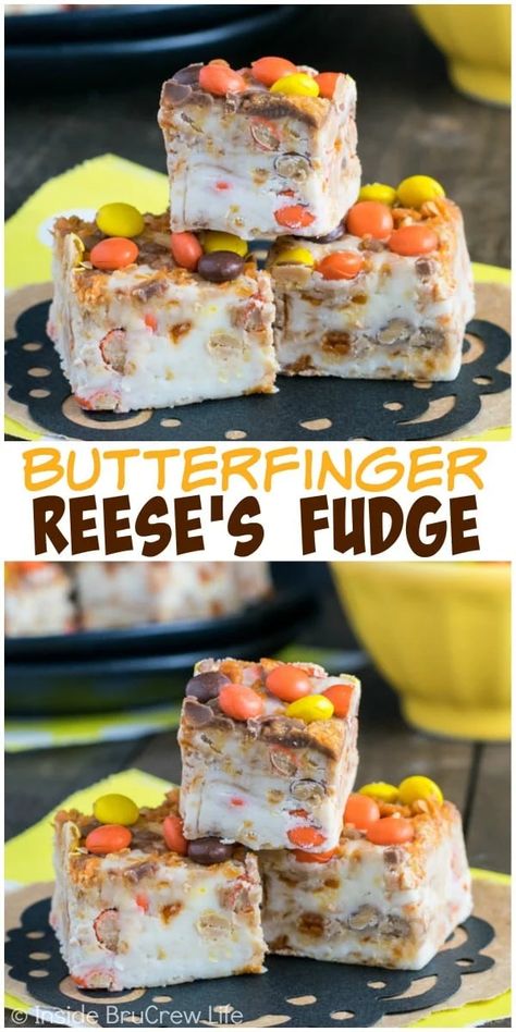 Butterfinger Reese's Fudge Cute Fudge Ideas, Butterfinger Bars, Fudge Candy, Homemade Fudge Recipes, Reese's Pieces, White Chocolate Fudge, Christmas Fudge, Easy Dessert Recipe, Fudge Recipes Easy