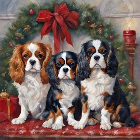 Dogs Sitting, Women's Day Cards, Cavalier King Charles Dog, King Charles Dog, Christmas Topper, Spaniel Dog, Greeting Card Set, Holiday Wreath, Cute Dogs And Puppies