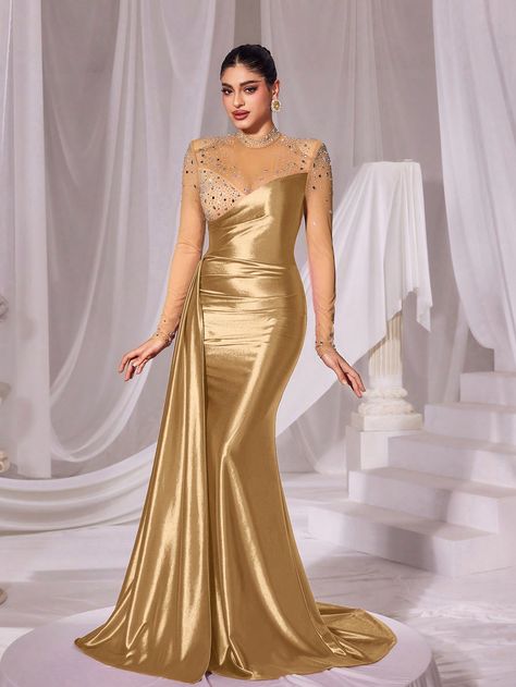 Gold  Collar Long Sleeve Satin Colorblock,Plain,All Over Print Bodycon Embellished Slight Stretch  Weddings & Events Mom Quinceañera Dress Gold, Jewelry To Wear With Gold Dress, Ancient Egyptian Wedding Dress, Gold Bridesmaid Dresses Mismatched, Orange Dresses Formal, Gold Long Gown, Gold Color Combinations, Long Gown Elegant, Formal Dresses Gold